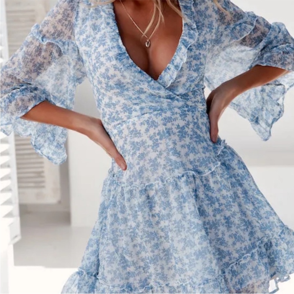 Selfie Leslie Blue and White Ruffled Wrap Sundress